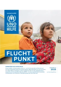 Fluchtpunkt-Magazin der Uno Flüchtlingshilfe mit zwei Kindern auf der Titelseite